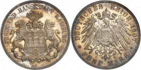 Hambourg (ville impériale de). 5 (fünf) mark, Flan bruni (PROOF) 1907, J, Hambourg.
NGC PF 66 (342409-003).
Av. FREIE UND HANSESTADT HAMBURG. Deux l...