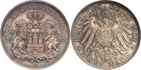 Hambourg (ville impériale de). 2 (zwei) mark 1900, J, Hambourg.
NGC MS 66 (675676-001).
Av. FREIE UND HANSESTADT HAMBURG. Deux lions tenant un écu c...