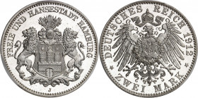 Hambourg (ville impériale de). 2 (zwei) mark, Flan bruni (PROOF) 1912, J, Hambourg.
PCGS PR65DCAM (42323033).
Av. FREIE UND HANSESTADT HAMBURG. Écu ...