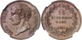Isembourg-Birstein, Charles Frédéric (1803-1820). Épreuve sur cuivre du thaler 1811, Francfort-sur-le-Main.
NGC MS 63 BN (5785797-019).
Av. CARL FÜR...