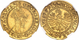 Prusse (duché de), Georges-Frédéric Ier de Brandebourg-Ansbach, régent (1577-1603). Ducat 1591, Königsberg.
NGC MS 62 (5982288-010).
Av. GEORG. FRID...