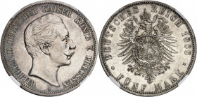 Prusse, Guillaume II (1888-1918). 5 (fünf) mark 1888, A, Berlin.
NGC MS 61 (5784009-055).
Av. WILHELM DEUTSCHER KAISER KÖNIG V. PREUSSEN. Tête nue à...