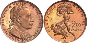 Prusse, Guillaume II (1888-1918). Essai de 20 mark en bronze, Flan bruni (PROOF), par Karl Goetz 1913, Munich.
NGC PF 66 (505591-004).
Av. WILHELM I...