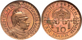 Prusse, Guillaume II (1888-1918). Essai de 10 mark en bronze, Flan bruni (PROOF), par Karl Goetz 1913, Munich.
NGC PF 66 (505591-005).
Av. WILHELM I...