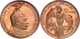 Prusse, Guillaume II (1888-1918). Essai de 5 mark en bronze, Flan bruni (PROOF), par Karl Goetz 1913, Munich.
NGC PF 66 (505591-001).
Av. WILHELM II...