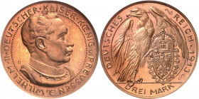Prusse, Guillaume II (1888-1918). Essai de 3 (drei) mark en bronze, Flan bruni (PROOF), par Karl Goetz 1913, Munich.
NGC PF 66 (505591-002).
Av. WIL...