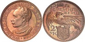 Prusse, Guillaume II (1888-1918). Essai de 2 mark en bronze, Flan bruni (PROOF), par Karl Goetz 1913, Munich.
NGC PF 66 (505591-003).
Av. * WILHELM....