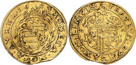 Saxe, Jean-Ernest et ses frères (1622-1626). Ducat 1623 GA, Weimar.
NGC AU DETAILS BENT (5788038-034).
Av. MONETA. NOVA. AVREA (date). Écu couronné ...