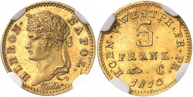 Westphalie, Jérôme Napoléon (1807-1813). 5 franken 1813, C, Cassel.
NGC MS 63 (5783257-017).
Av. HIERON. NAPOL. Tête laurée à gauche, au-dessous sig...