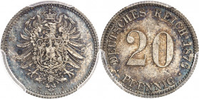 Empire allemand (1871-1918). 20 pfennig 1876, J, Hambourg.
PCGS MS66 (43453532).
Av. Aigle éployée et couronnée avec (atelier) au-dessous. 
Rv. DEU...