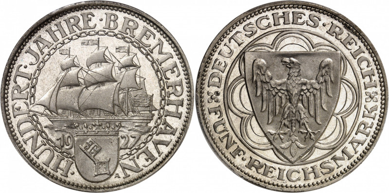 République de Weimar (Empire allemand) (1918-1933). 5 (fünf) mark pour les cent ...