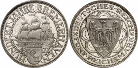 République de Weimar (Empire allemand) (1918-1933). 5 (fünf) mark pour les cent ans du Port de Bremerhaven, Flan bruni (PROOF) 1927, A, Berlin.
PCGS ...