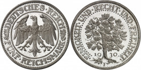 République de Weimar (Empire allemand) (1918-1933). 5 (fünf) mark, Flan bruni (PROOF) 1930, F, Stuttgart.
PCGS PR65DCAM (42323029).
Av. DEUTSCHES RE...