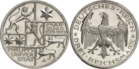République de Weimar (Empire allemand) (1918-1933). 3 (drei) mark du 400e anniversaire de l’Université de Marbourg, Flan bruni (PROOF) 1927, A, Berlin...
