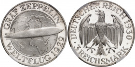 République de Weimar (Empire allemand) (1918-1933). 3 mark Zeppelin, Flan bruni (PROOF) 1930, F, Stuttgart.
NGC PF 64+ ULTRA CAMEO (5784009-054).
Av...