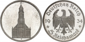 IIIe Reich (1933-1945). 5 mark église de garnison de Postdam, Flan bruni (PROOF) 1934, F, Stuttgart.
PCGS PR61DCAM (42323039).
Av. Vue de l’église d...