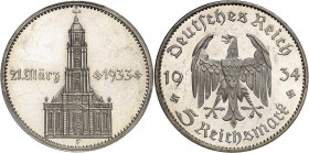 IIIe Reich (1933-1945). 5 mark Journée de Postdam (21 mars 1933), Flan bruni (PROOF) 1934, F, Stuttgart.
PCGS PR62DCAM (42323038).
Av. Vue de l’égli...