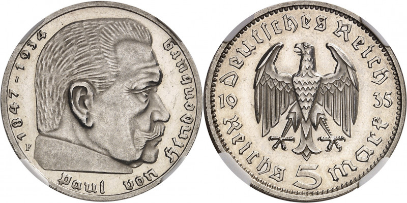 IIIe Reich (1933-1945). 5 mark Hindenburg, Flan bruni (PROOF) 1935, F, Stuttgart...