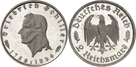 IIIe Reich (1933-1945). 2 mark, 175 ans de la naissance de Schiller, Flan bruni (PROOF) 1934, F, Stuttgart.
PCGS PR62DCAM (42323044).
Av. FRIEDRICH ...