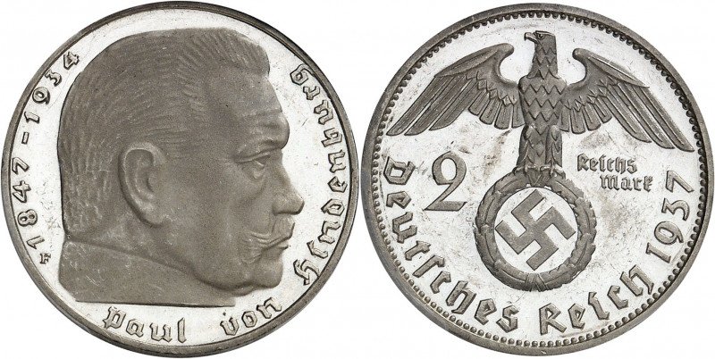 IIIe Reich (1933-1945). 2 mark Hindenburg, Flan bruni (PROOF) 1937, F, Stuttgart...