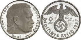 IIIe Reich (1933-1945). 2 mark Hindenburg, Flan bruni (PROOF) 1937, F, Stuttgart.
PCGS PR62DCAM (42323040).
Av. 1847-1934 PAUL VON HINDENBURG. Buste...