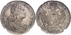 Bohème, Charles VI (1711-1740). Thaler 1740, Prague.
NGC AU 55 (5784009-075).
Av. CAR: VI. D: G: R: I: S: A: G: HI: H: BOH: REX. Buste lauré, drapé ...