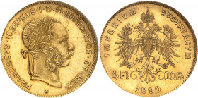 François-Joseph Ier (1848-1916). 4 florins - 10 francs 1890, Vienne.
NGC MS 61 (3066317-006).
Av. FRANCISCVS. IOSEPHVS. I. D. G. IMPERATOR. ET. REX....