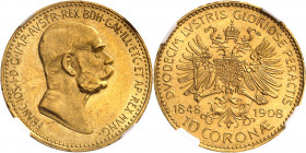 François-Joseph Ier (1848-1916). 10 corona, 60e anniversaire de règne 1908, Vienne.
NGC MS 64 (5785796-052).
Av. FRANC. IOS. D. G. IMP. AVSTR. REX B...