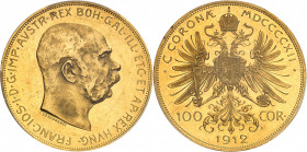 François-Joseph Ier (1848-1916). 100 corona, aspect Flan bruni (PROOFLIKE) 1912, Vienne.
PCGS MS61PL (44031057).
Av. FRANC. IOS. I. D. G. IMP. AVSTR...