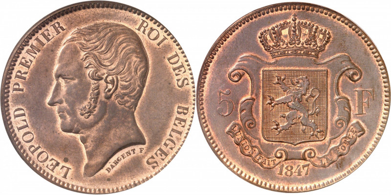 Léopold Ier (1831-1865). Essai-piéfort de 5 francs par Dargent 1847, Bruxelles....