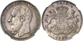 Congo, Léopold II (1885-1908). 5 francs 1887, Bruxelles.
NGC MS 66 (5784009-090).
Av. LEOPOLD II R. D. BELGES. SOUV. DE L’ETAT INDEP. DU CONGO. Tête...