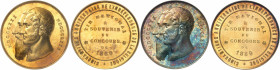 Léopold II (1865-1909). Paire de médailles, en or et en argent, concours de tir national, fêtes du cinquantenaire de l’indépendance du royaume, par A....
