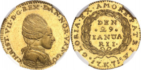 Christian VII (1766-1808). Ducat, frappe spéciale d’anniversaire des 22 ans 1771 K, Copenhague.
NGC MS 64* (5783259-006).
Av. CHRISTIAN VII. D. G. R...