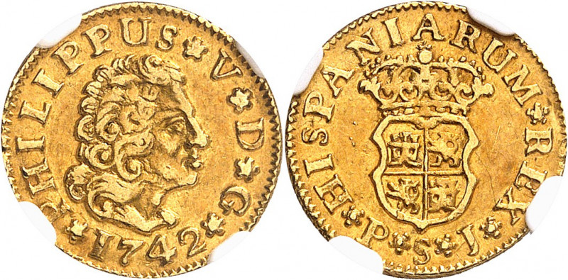 Philippe V (1700-1746). 1/2 escudo 1742 PJ, S, Séville.
NGC AU 53 (5785796-114)...