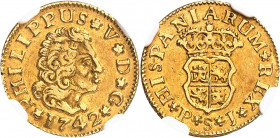 Philippe V (1700-1746). 1/2 escudo 1742 PJ, S, Séville.
NGC AU 53 (5785796-114).
Av. PHILIPPUS* V* D* G. Buste à droite, au-dessous *(date)*. 
Rv. ...