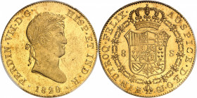 Ferdinand VII (1808-1833). 8 escudos 1820 GJ, M, Madrid.
PCGS MS62 (44031048).
Av. FERDIN. VII. D. G. HISP. ET IND. R. Buste lauré à droite, au-dess...