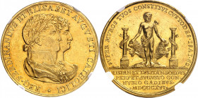 Ferdinand VII (1808-1833). Médaille d’Or, mariage de Ferdinand VII et d’Isabelle de Bragance 1816, Cadix.
NGC AU 58 (5783258-013).
Av. * REG. FERDIN...