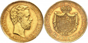 Amédée Ier (1870-1873). 25 pesetas, tranche en relief JUSTICIA Y LIBERTAD 1871 (18 - 71) SD, M, Madrid.
PCGS AU55 (44037518).
Av. AMEDEO I REY DE ES...