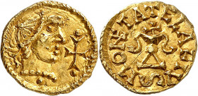 Banassac, monétaire Elafius. Trémissis ND (c.620-640), Banassac.
Av. Tête diadémée à droite, avec collier de perles et devant une croix fourchée entr...