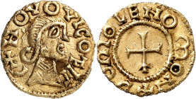 Neuvic d’Ussel (Novus Vicus), monétaire Domoleno. Trémissis ND (650-660), Neuvic d’Ussel.
Av. + NOVO VICO FIT. Buste à droite, au buste drapé, avec u...
