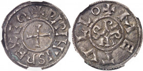 Pépin II d’Aquitaine (839-852). Denier ND (839-852), Melle.
NGC MS 61 (5784009-064).
Av. + PIPINVS REX EQ. Croix. 
Rv. + METVLLO. Monogramme PIPINV...