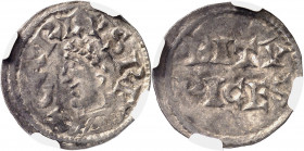 Charles II le Chauve (840-877). Denier ND (840-877), Bourges.
NGC AU 50 (5783258-012).
Av. + CARLVS REX. Buste lauré à gauche. 
Rv. En deux lignes ...