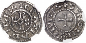 Charles II le Chauve (840-877). Denier ND (840-877), Sens.
NGC AU 58 (5784009-037).
Av. + GRATIA D-I REX. Monogramme de KAROLVS. 
Rv. + SENONES CIV...