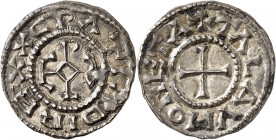 Charles II le Chauve (840-877). Denier ND (840-877), Le Talou ou Tilly.
Av. (à 10 h.) X GRATIA DI REX. Monogramme de KAROLVS. 
Rv. + TALAV MONETA. C...