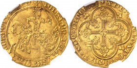 Jean II le Bon (1350-1364). Franc à cheval ND (1360).
NGC MS 62 (5783257-042).
Av. IOHANNES: DEI: GRACIA: FRANCORV: REX. Le roi à cheval, galopant à...