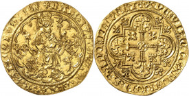 Charles (VII), dauphin et régent, au nom de Charles VI (1418-1422). Double d’or ND (1420), Angers (ou Tours ?).
Av. + KAROLVS: DEI: GRA: FRANCORVM: R...