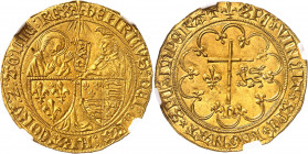Henri VI d'Angleterre (1422-1453). Salut d’or 2e émission ND (1422), lis, Saint-Lô.
NGC MS 64 (5783257-049).
Av. (atelier) HENRICVS: DEI: GRA: FRACO...