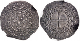 Charles VII (1422-1461). Double tournois dentillé, 2e émission ND (15 septembre 1431), Poitiers.
NGC AU 53 (5785796-076).
Av. +. KAROLVS: FRANCORV: ...