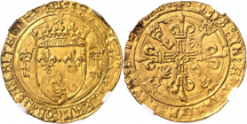 François Ier (1515-1547). Écu d’or au soleil de Bretagne, 2e type ND (1515-1540), R, Rennes.
NGC MS 65 (5783257-054).
Av. (hermine) FRANCISCVS: D: G...