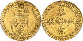 Charles IX (1560-1574). Écu d’or au soleil 1565, H, La Rochelle.
PCGS AU58 (42557731).
Av. CAROLVS: VIIII: D: G: FRANCO REX (date). Écu de France co...